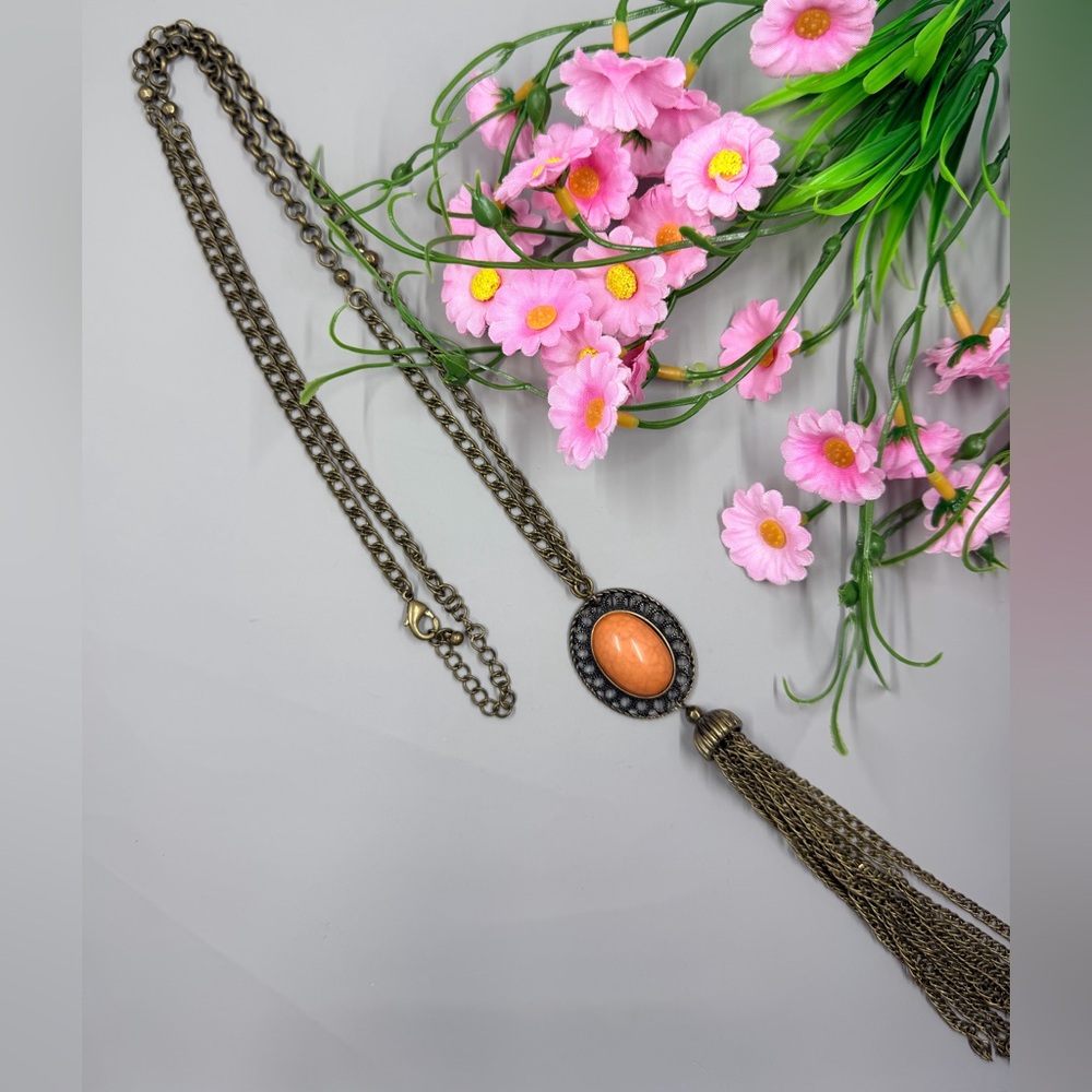 Extra Long Bronze Tassel Vintage Necklace with Stone Accent